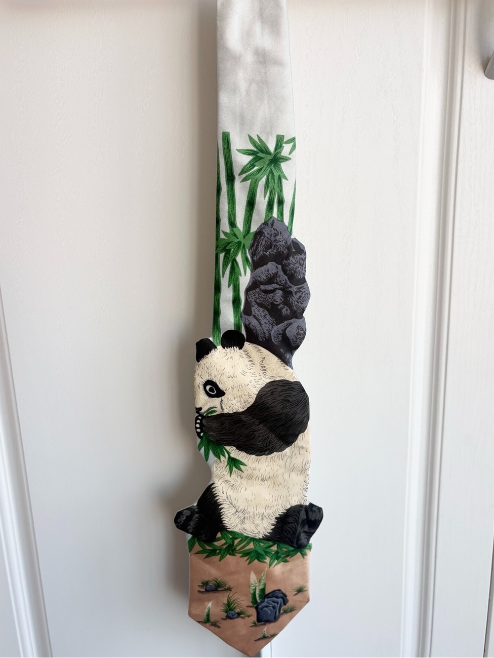 Novelty Panda Print Silk Tie in White, Black & Green